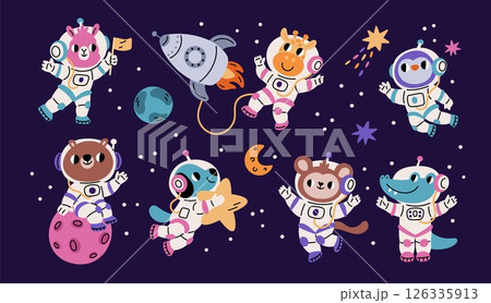 Cartoon animals astronauts. Cute fauna characters in space suits, kids funny mascots, zero gravity, giraffe in spacesuit, llama, bear, star and planets, comic isolated garish vector set Cartoon animals astronauts. Cute fauna characters in space suits, kids funny mascots, zero gravity, giraffe in spacesuit, llama, bear, star and planets, comic isolated garish vector set 126335913