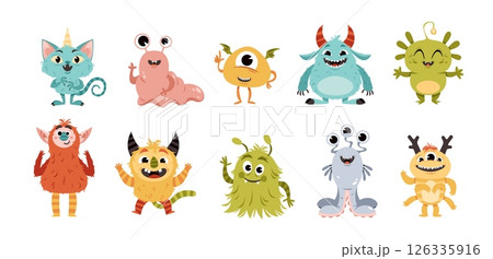 Cartoon funny monsters. Fluffy little creations, color cute demons with fangs and horns, smiling mascots, doodle creepy characters. Alien comic style, childish tidy vector isolated set 126335916