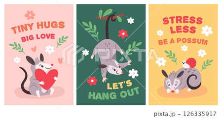 Cartoon possum cards. Funny opossum with cute inscriptions, wild animal cute character, happy mascot, fluffy marsupial rodent, childish prints and posters, smiling mammals garish vector set 126335917