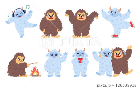 Cartoon yeti and bigfoot characters. Funny fantasy humanoids, fluffy monsters, cute happy sasquatch, winter and summer, hairy monster in different poses, classy vector isolated set 126335918