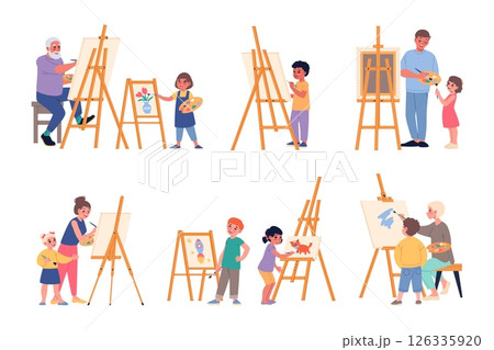 Children with easels. Little art students with teachers, artists paint pictures, painting lesson process, painters work. Boys and girls drawing cartoon flat isolated classy vector set 126335920