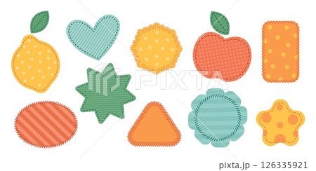 Cloth stitched decorative patches. Different shapes textile pieces, wearing repairs, patching holes, various seams, repair and decoration of children clothes, garish vector set 126335921