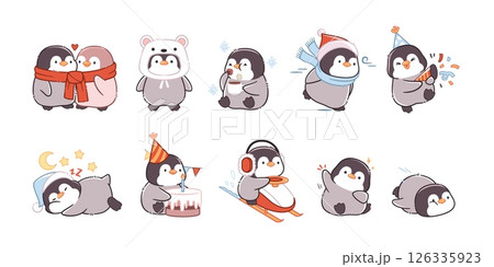 Cute penguin character. Funny little northern bird, kawaii winter mascot, different actions, emotions and poses. Antarctic adorable cartoon animal isolated stickers tidy vector comic set 126335923