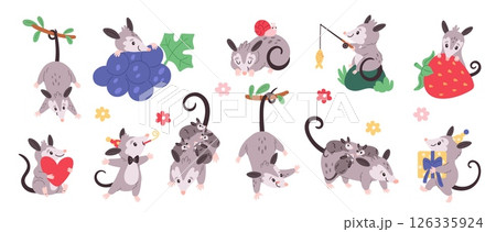 Cute possum. Funny animal characters, cartoon opossum in different poses, pet activities and emotions, wild life mascot, smiling comic tropical mammal, adorable fauna garish vector isolated set 126335924