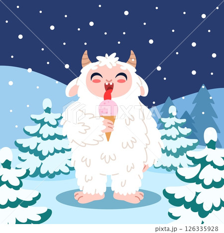 Cute yeti eating ice cream. Fluffy bigfoot in winter forest, snowy landscape, sasquatch character, funny fantastic creation, cartoon flat style isolated childish classy vector concept 126335928
