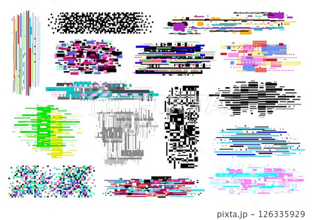 Error screen elements. Noise, glitch effects, decay signal, monitor bugs, computer, television digital interferences, different colors, 80s technology, isolated elements, qualitative vector set Error screen elements. Noise, glitch effects, decay signal, monitor bugs, computer, television digital interferences, different colors, 80s technology, isolated elements, qualitative vector set 126335929