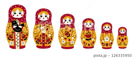 Russian doll. Collapsible, wooden opening toy, matrioshka bundle, traditional flower patterned decor, decorative woman figurines, gradually decreasing, cartoon isolated garish vector set Russian doll. Collapsible, wooden opening toy, matrioshka bundle, traditional flower patterned decor, decorative woman figurines, gradually decreasing, cartoon isolated garish vector set 126335950
