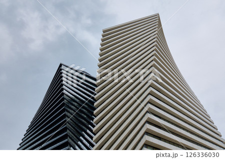 Modern architectural design showcases unique building angles 126336030