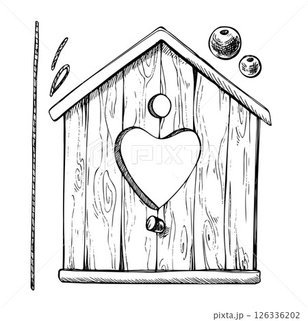 Birdhouse wooden, hanging with a hole in the shape of a heart with a rope and beads. Graphic line art hand drawn with ink black and white illustration. Set of elements isolated Vector clip art 126336202