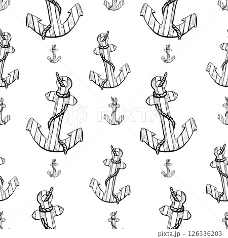 Wooden, striped anchors of coral and yellow color with rope. Watercolor illustration. Seamless pattern on a white background from the SEA FISHING collection. For fabric, textiles, wallpaper, paper 126336203