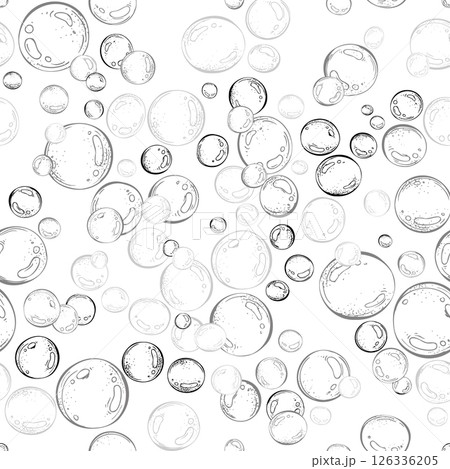 Blue water bubbles of different sizes and tones in a chaotic order. Graphic linear drawing, hand drawn in black and white monochrome. nautical. Seamless pattern 126336205