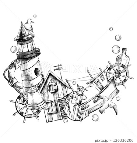 Frame with a sea lighthouse, fishing, beach house, boat, steering wheel, anchor and seagulls. Watercolor illustration. For decoration and design of beach and marine prints, accessories, souvenirs 126336206