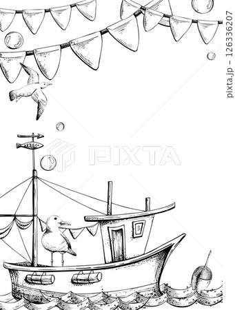 Fishing boat with sails and mast, flying seagull, float on water, with garlands of flags, bubbles. Watercolor illustration hand drawn. Vertical frame, empty template for text 126336207