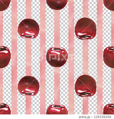 Red ripe cherries individual berries. Watercolor hand drawn illustration on the theme of fruits, food and desserts. Seamless pattern, ornament on a white background with pink stripes Red ripe cherries individual berries. Watercolor hand drawn illustration on the theme of fruits, food and desserts. Seamless pattern, ornament on a white background with pink stripes 126336208