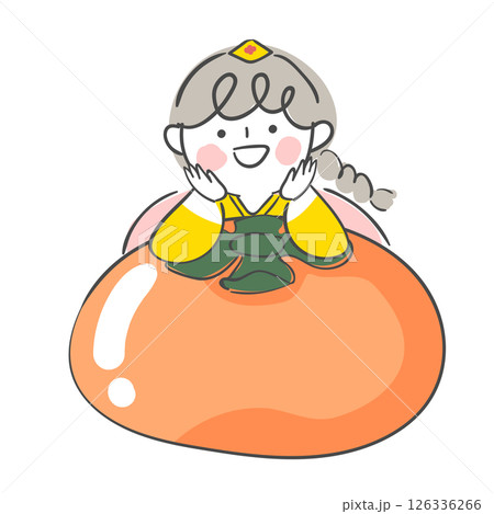 Character illustration of a child resting her chin on a large persimmon 126336266