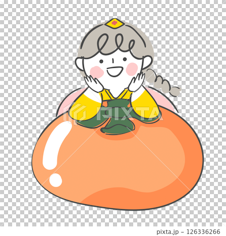Character illustration of a child resting her chin on a large persimmon 126336266