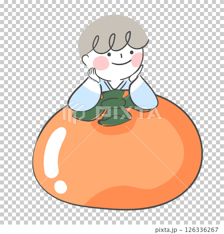 Character illustration of a child resting his chin on a large persimmon 126336267