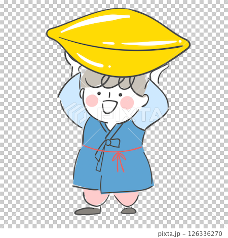 Character illustration of a child holding a songpyeon in hanbok 126336270