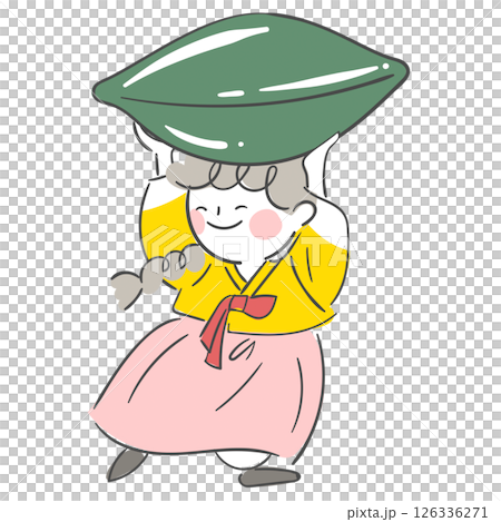 Character illustration of a child holding a songpyeon in hanbok 126336271