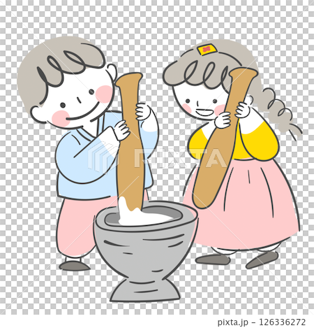 Character illustration of children pounding rice cakes during the holidays in hanbok 126336272