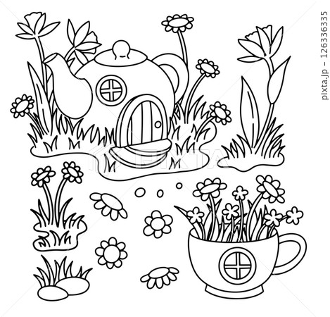set of cute illustrations coloring book. fairy house teapot and cup in flowers. vector illustration doodle set of cute illustrations coloring book. fairy house teapot and cup in flowers. vector illustration doodle 126336335
