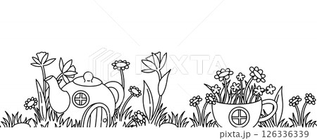 seamless border coloring book. fairy house teapot and cup in flowers. vector illustration doodle seamless border coloring book. fairy house teapot and cup in flowers. vector illustration doodle 126336339