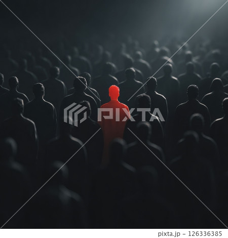 Red businessman standing out from dark crowd, leadership and individuality concept 126336385