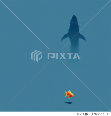 Small goldfish swimming above a large shark 126336403