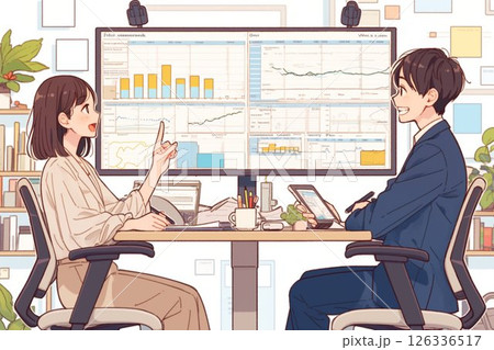 画面を指さし業績推移を話すビジネスウーマン_イラスト1 画面を指さし業績推移を話すビジネスウーマン_イラスト1 126336517