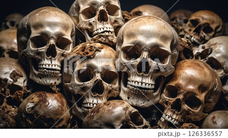 Haunting collection of realistic human skulls arranged in rows, showcasing intricate bone detail and weathered patina with dramatic lighting highlighting teeth and eye sockets against dark background Haunting collection of realistic human skulls arranged in rows, showcasing intricate bone detail and weathered patina with dramatic lighting highlighting teeth and eye sockets against dark background 126336557