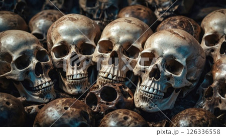 Haunting collection of realistic human skulls arranged in rows, showcasing intricate bone detail and weathered patina with dramatic lighting highlighting teeth and eye sockets against dark background 126336558