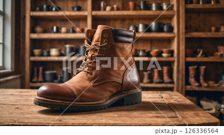 brown leather work boot with cap toe detail and rugged sole photographed in traditional cobbler workshop. Vintage wooden shelves with pottery collection create atmospheric background brown leather work boot with cap toe detail and rugged sole photographed in traditional cobbler workshop. Vintage wooden shelves with pottery collection create atmospheric background 126336564
