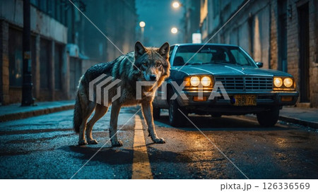 A lone wolf prowls through a captivating urban nightscape, accompanied by a vintage car 126336569