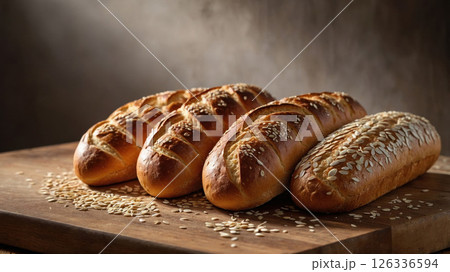 There are three loaves of freshly baked bread on a wooden cutting board 126336594