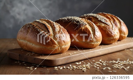 Freshly baked artisan bread rolls with golden brown crust and sesame seeds arranged on wooden cutting board, rustic food photography with dramatic lighting 126336595