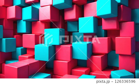 Dynamic 3D composition of alternating turquoise and pink cubes creating abstract geometric pattern with dramatic shadows and depth, modern minimal design background 126336596