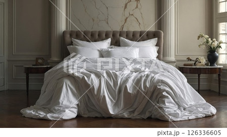 A cozy bed featuring white sheets and fluffy pillows in a nice bedroom 126336605