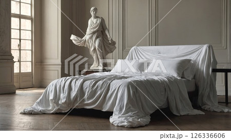 A cozy bed featuring white sheets and fluffy pillows in a nice bedroom 126336606