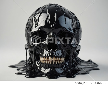 A black skull is slowly melting away on a pure white surface A black skull is slowly melting away on a pure white surface 126336609