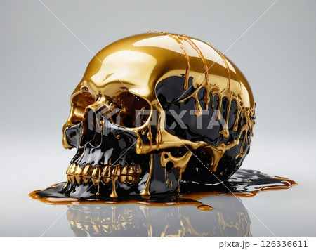 A striking black and gold skull is slowly melting on a pure white surface 126336611