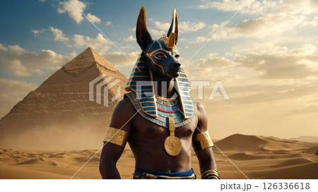 A man in a pharaoh costume stands before a pyramid in the desert 126336618