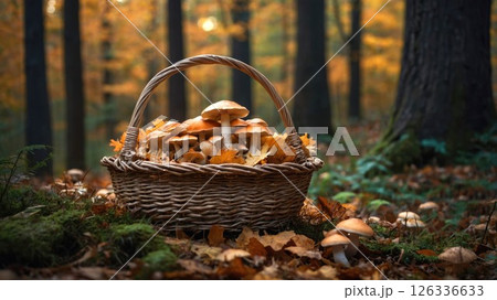 Rustic woven basket filled with fresh wild mushrooms surrounded by autumn leaves in magical forest setting with warm golden light filtering through trees Rustic woven basket filled with fresh wild mushrooms surrounded by autumn leaves in magical forest setting with warm golden light filtering through trees 126336633