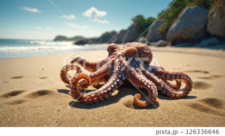 An octopus is currently laying on the sandy beach near the ocean 126336646