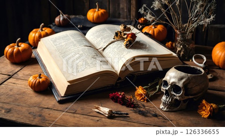 An open book sits on a wooden table beside a skull and pumpkins An open book sits on a wooden table beside a skull and pumpkins 126336655