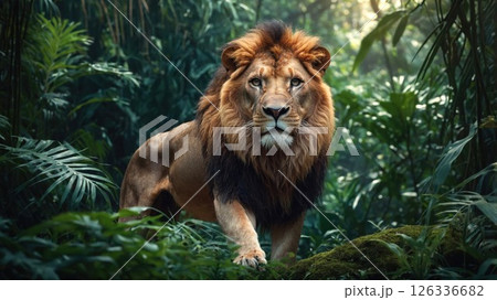 A majestic lion with a golden mane stares intently, standing in the dense, lush jungle, surrounded by vibrant greenery. This striking image captures raw wildlife beauty and primal power A majestic lion with a golden mane stares intently, standing in the dense, lush jungle, surrounded by vibrant greenery. This striking image captures raw wildlife beauty and primal power 126336682