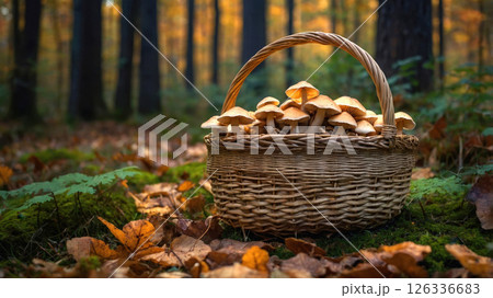 A rustic woven basket filled with freshly picked mushrooms sits in a vibrant autumn forest, surrounded by fallen leaves and nature seasonal charm A rustic woven basket filled with freshly picked mushrooms sits in a vibrant autumn forest, surrounded by fallen leaves and nature seasonal charm 126336683