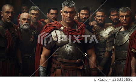 A group of men clad in full armor are standing in a straight line A group of men clad in full armor are standing in a straight line 126336686