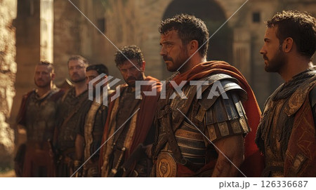 Warriors in ancient Roman armor gather in stone courtyard at dawn. Dramatic portrait of soldiers wearing ornate metallic breastplates and red cloaks, cinematic lighting creates atmospheric scene 126336687