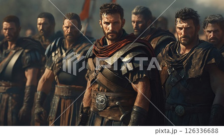 A group of men clad in full armor are standing in a straight line A group of men clad in full armor are standing in a straight line 126336688