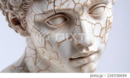 A statue depicting a man with a cracked and damaged facial surface A statue depicting a man with a cracked and damaged facial surface 126336694